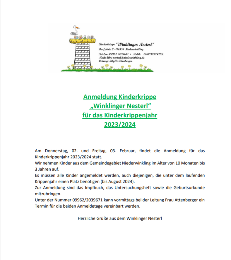 Anmeldung für die Kinderkrippe Winklinger Nesterl Anmeldung für die Kinderkrippe Winklinger Nesterl